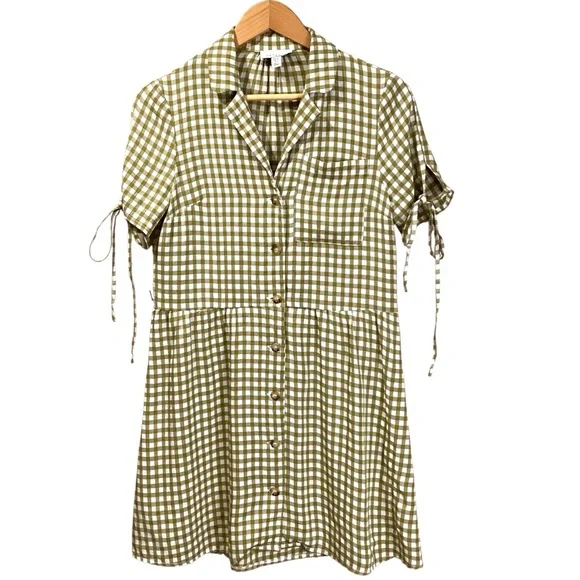 Topshop Tie Sleeve Gingham Mini Dress in Khaki, Size 4 Item 103394573 - Picture 13 of 13